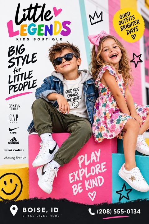 Flyer for a kids boutique featuring a photo of a boy and girl in stylish clothes sitting on colorful blocks. Text reads 'Little Legends Kids Boutique', 'Big Style for Little People', and 'Play Explore Be Kind'.