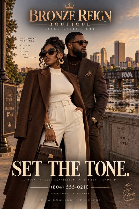 A stylish fashion boutique flyer featuring a well-dressed couple in brown and white outfits standing by a river with a city skyline behind them. The text uses elegant serif fonts in bronze and white.