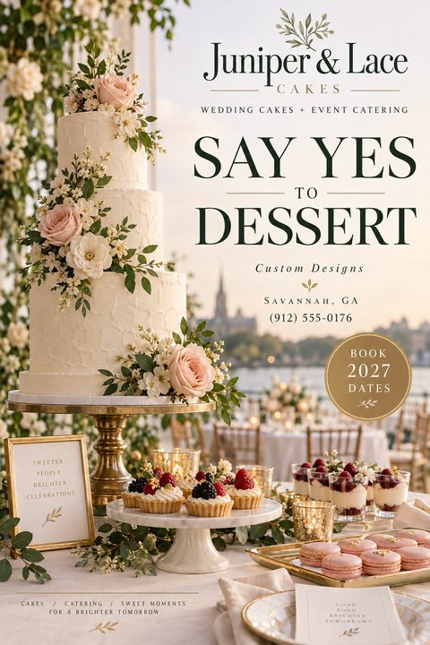 A flyer for Juniper & Lace Cakes featuring a three-tiered wedding cake decorated with flowers and a table full of desserts like tarts and macarons. The text reads 'Say Yes to Dessert'.