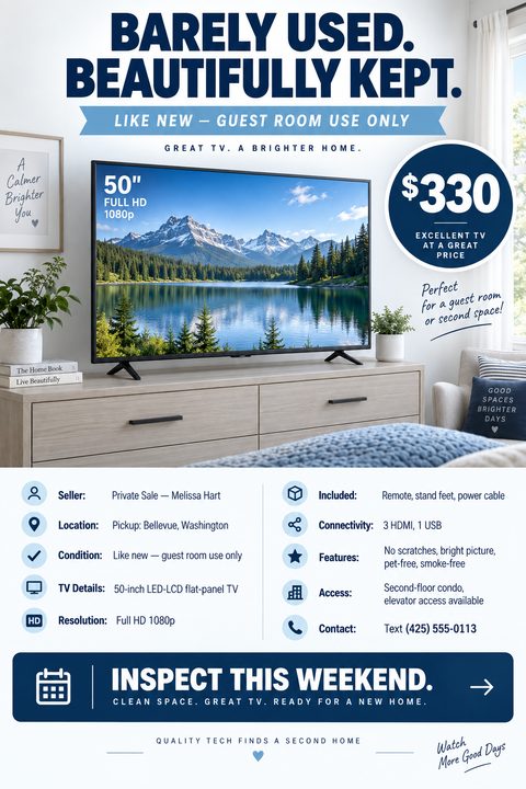 A flyer advertising a barely used 50-inch TV for sale. It features a large photo of the TV on a stand, a prominent price tag of $330, and a detailed list of specifications and seller contact information.