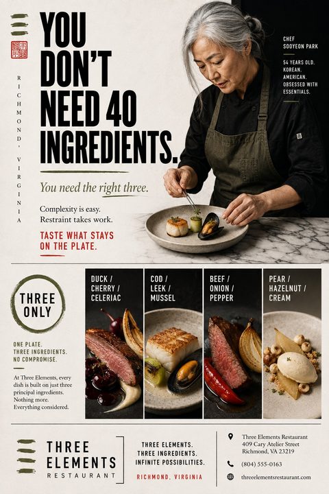 A fine dining restaurant flyer featuring a chef plating a delicate dish. The text reads 'You don't need 40 ingredients. You need the right three.' Below are four photos of signature dishes with their three main ingredients listed.