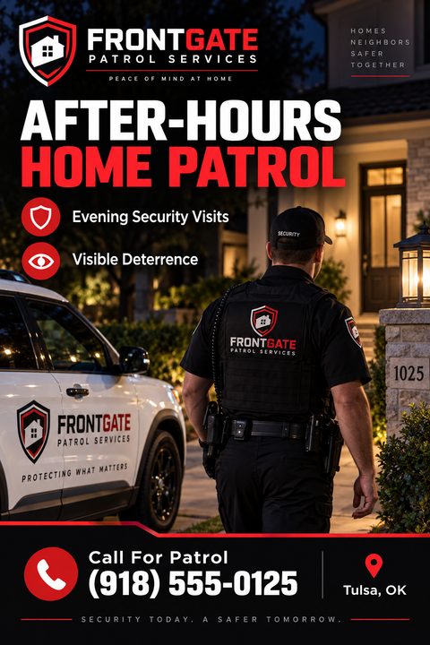 A home security flyer featuring a security guard walking towards a house at night, with a patrol car in the background. Bold red and white text on a dark background.