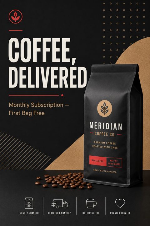Flyer for a coffee subscription service. Text reads 'Coffee, Delivered. Monthly Subscription - First Bag Free'. Features a black bag of coffee beans on a black background with scattered beans and modern graphic elements.