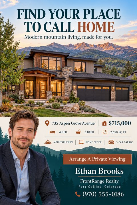 A real estate flyer featuring a large photo of a modern rustic mountain home at sunset. Below, property details, price, and features are listed alongside a real estate agent's headshot and contact information.
