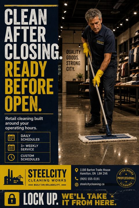 Flyer for commercial cleaning services featuring a man mopping a retail store floor. Bold text reads 'Clean after closing. Ready before open.' with a dark blue and yellow color scheme.