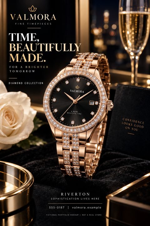 A luxury flyer featuring a close-up of a rose gold watch with diamonds on a black velvet display, alongside a white rose and a champagne glass. Text reads 'Time, Beautifully Made.'
