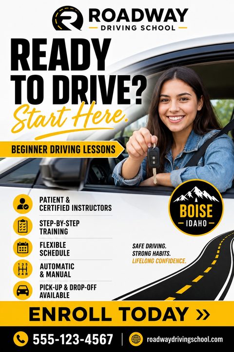 Driving school flyer template with a photo of a smiling young woman holding car keys out the window of a white car. Text reads 'Ready to Drive? Start Here. Beginner Driving Lessons'. Features a list of benefits like 'Patient & Certified Instructors'.