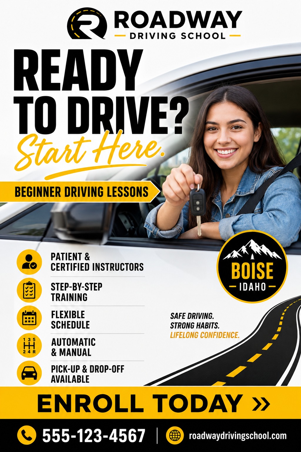 Driving school flyer template with a photo of a smiling young woman holding car keys out the window of a white car. Text reads 'Ready to Drive? Start Here. Beginner Driving Lessons'. Features a list of benefits like 'Patient & Certified Instructors'.