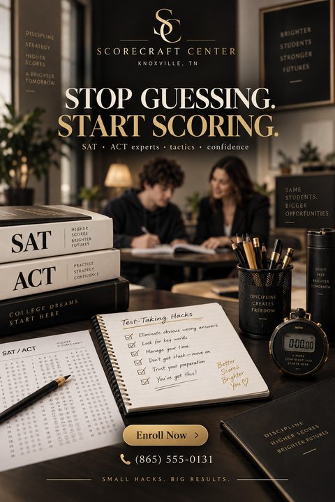 A black and gold flyer for a test prep center. The background shows a student and tutor working together. The foreground features books labeled SAT and ACT, a notebook with test-taking hacks, a scantron sheet, pencils, and a stopwatch.