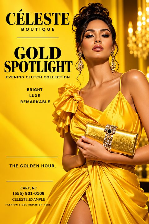 A fashion flyer with a bright yellow background. A woman in a yellow dress holds a gold clutch. Text reads 'Gold Spotlight Evening Clutch Collection'.