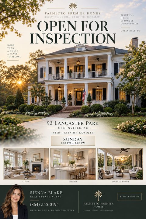 Real estate open house flyer featuring a large photo of a two-story southern-style home, three smaller interior photos, property details, and an agent profile section with a dark green background.