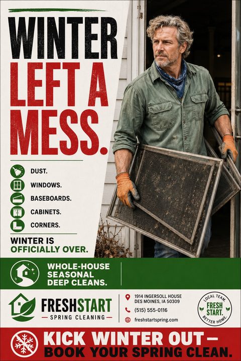 Flyer for Fresh Start Spring Cleaning featuring a man carrying dirty window screens. Bold text reads 'Winter left a mess.' and lists services like dust, windows, baseboards, cabinets, and corners.