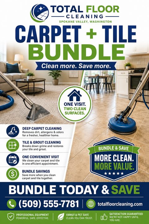 A flyer for Total Floor Cleaning advertising a Carpet + Tile Bundle. The flyer features a split image showing a carpet cleaner on the left and a tile cleaner on the right. Text highlights deep carpet cleaning, tile and grout cleaning, one convenient.
