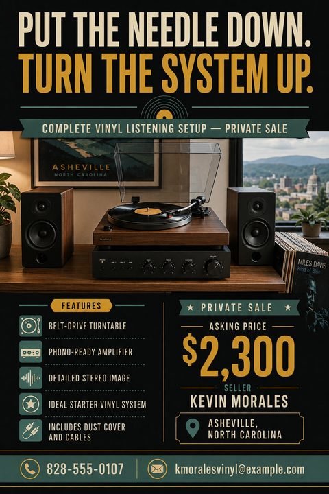 A dark retro private sale flyer for a vinyl stereo system. It features bold gold text, a central photo of a turntable setup, teal banners, and a bulleted list of features with icons.
