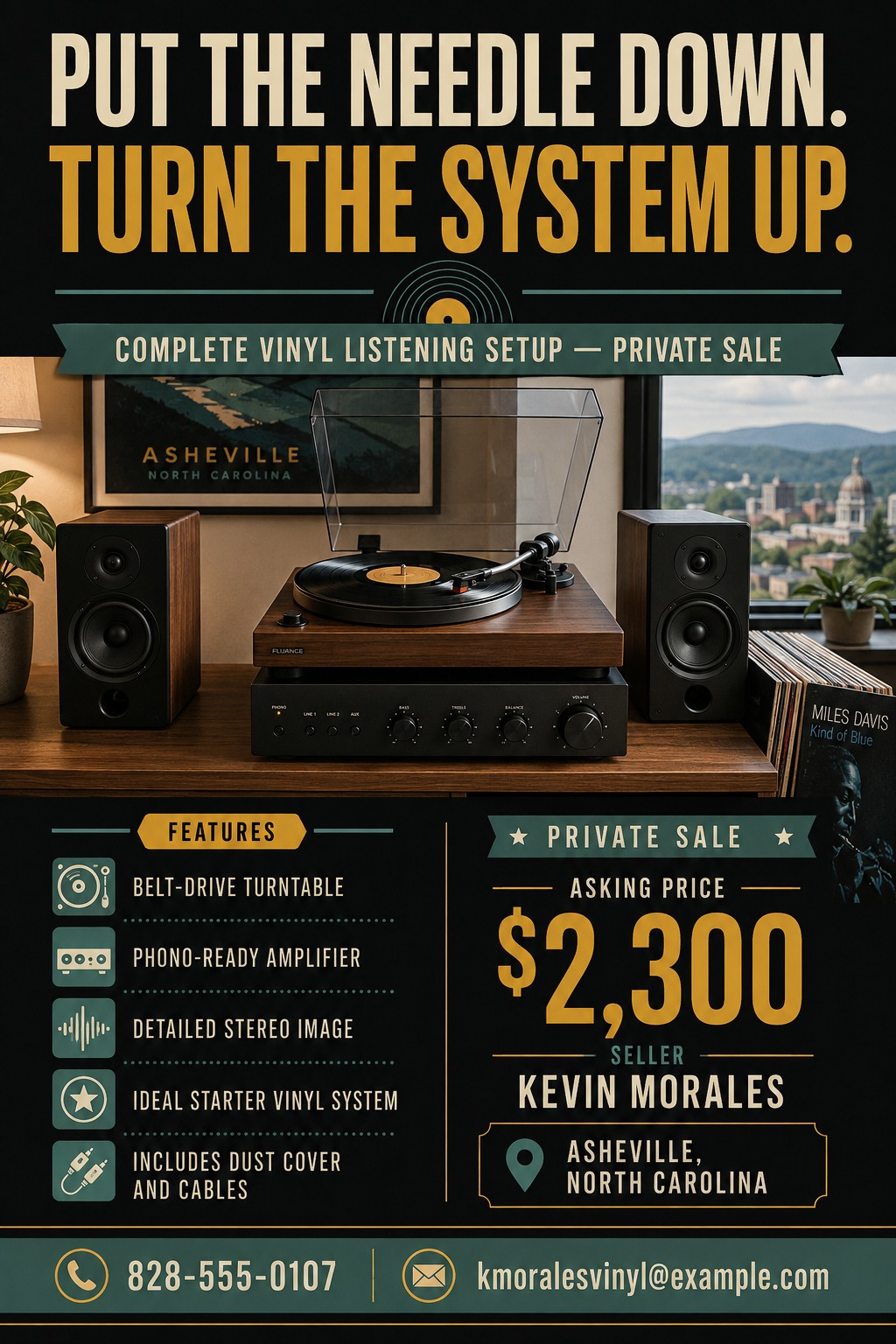 A dark retro private sale flyer for a vinyl stereo system. It features bold gold text, a central photo of a turntable setup, teal banners, and a bulleted list of features with icons.