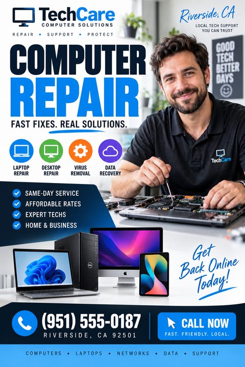 A flyer for computer repair services featuring a smiling technician working on a laptop motherboard. The text reads 'Computer Repair: Fast Fixes. Real Solutions.' and lists services like laptop repair, desktop repair, virus removal, and data.