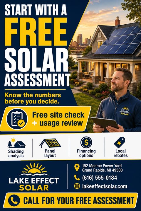 Flyer for Lake Effect Solar offering a free solar assessment. Features a photo of a smiling technician with a tablet in front of a house with solar panels. Bold navy and yellow text and icons highlight services like shading analysis and financing.
