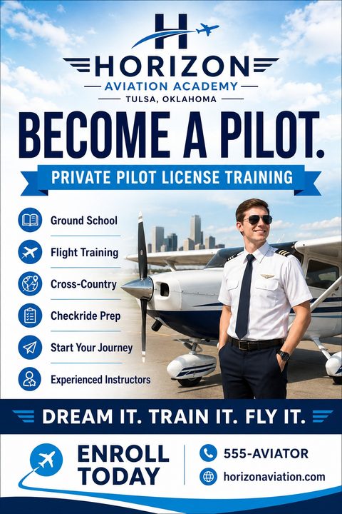Aviation academy flyer template with a photo of a pilot standing in front of a small airplane. Text reads 'Become a Pilot. Private Pilot License Training' with a list of services like Ground School and Flight Training.