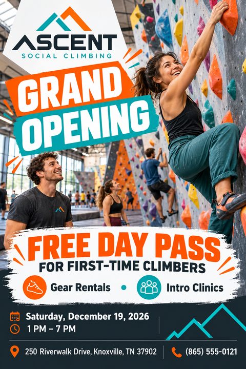 A grand opening flyer for a rock climbing gym featuring a large photo of a woman climbing an indoor wall while a man spots her. Bold orange and teal text boxes highlight the grand opening and a free day pass offer.