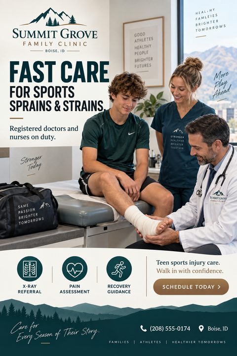 Flyer for Summit Grove Family Clinic promoting fast care for sports sprains and strains. Shows a doctor examining a teen athlete's bandaged ankle while a nurse looks on. Includes icons for x-ray referral, pain assessment, and recovery guidance.