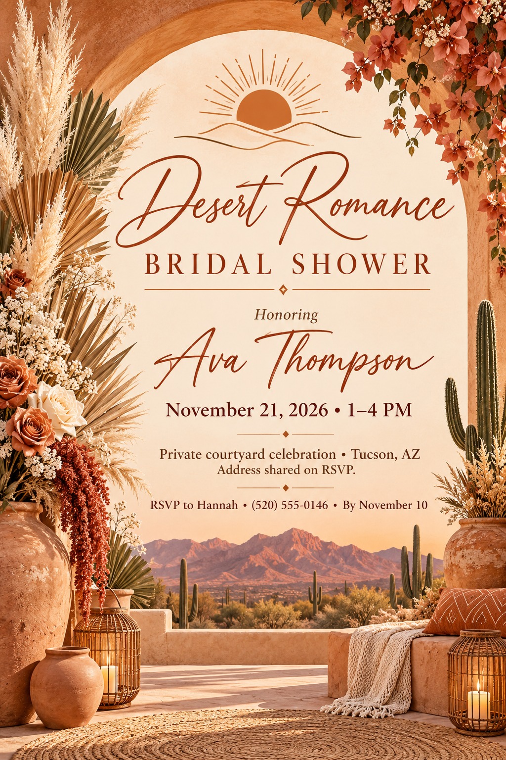 A boho bridal shower flyer featuring an archway framing a desert mountain landscape. Terracotta pots, pampas grass, cacti, and warm sunset tones surround elegant script text for the event details.
