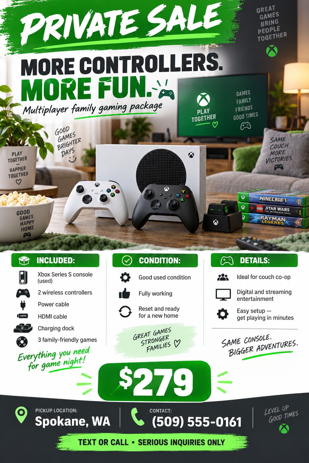 Flyer for a private sale of an Xbox Series S console. The top half features a photo of the console, two controllers, a charging dock, and three games on a coffee table in a living room. The bottom half has three columns listing 'Included'.