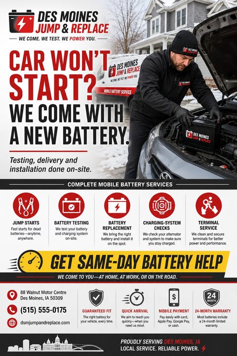 A bold automotive flyer featuring a mechanic replacing a car battery. It uses a striking red, black, and white layout with service icons and a bright yellow call-to-action banner.