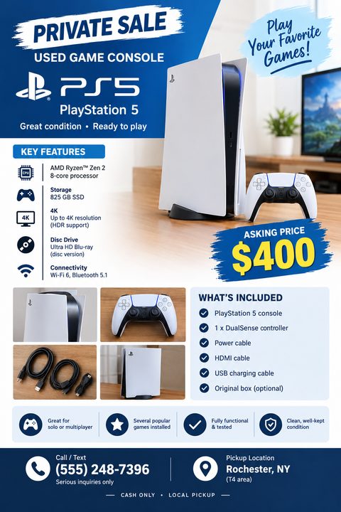 A flyer for a private sale of a used game console. It has a blue and white color scheme with brushstroke accents. The flyer includes a large photo of a PlayStation 5, smaller photos of the console, controller, and cables, a list of key features.