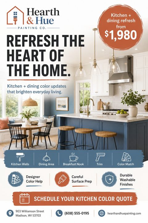 A flyer for a painting company titled 'Refresh the heart of the home.' It features a photo of a modern kitchen with a blue island and a dining area. There are icons for services like kitchen walls, dining area, breakfast nook, trim, and color match.