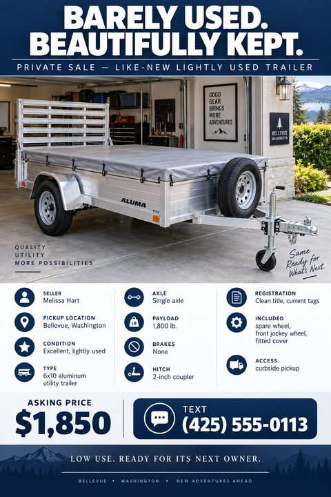 Flyer for a private sale of a utility trailer. Large photo of an aluminum trailer in a garage. Below, a grid of icons and text details specifications like axle, payload, and condition. Large asking price and text number at the bottom.