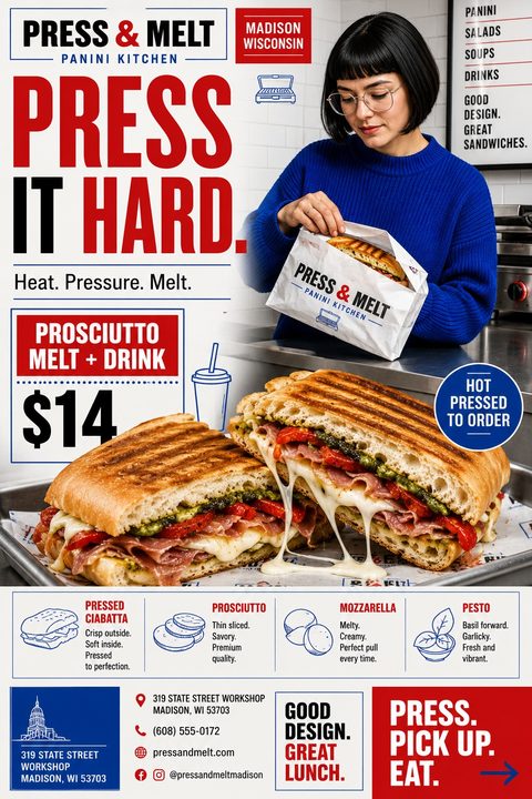 Flyer for a panini kitchen featuring a large photo of a grilled sandwich with melted cheese, a woman holding a takeout bag, and bold red and blue typography.