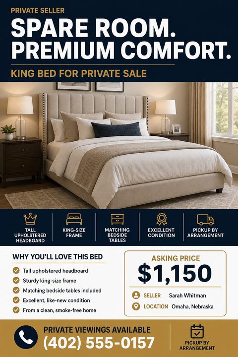 A furniture for sale flyer with a navy blue header, gold text, and a large photo of a king-size bed. Below are feature icons, a bulleted list, asking price, and contact information.