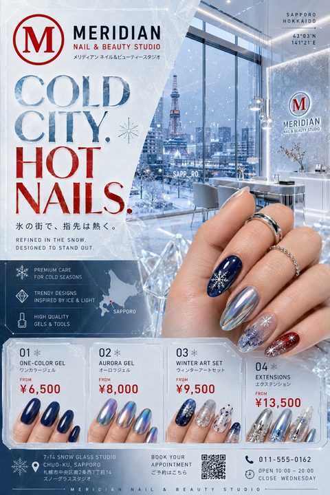 Winter-themed nail studio flyer with a snowy cityscape background. Features a hand showing intricate winter nail art and a detailed price list for gel services with photo examples.