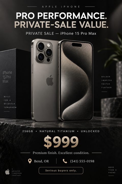 A dark, premium-looking flyer advertising a smartphone for sale. It features a large image of a titanium-colored phone and its box, with bold text highlighting the price, specs, and contact information.