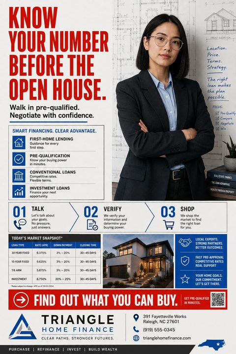 A mortgage broker flyer featuring a professional woman against a blueprint background. It includes bold red text, a list of loan services, a three-step process, a market snapshot table, and contact details.