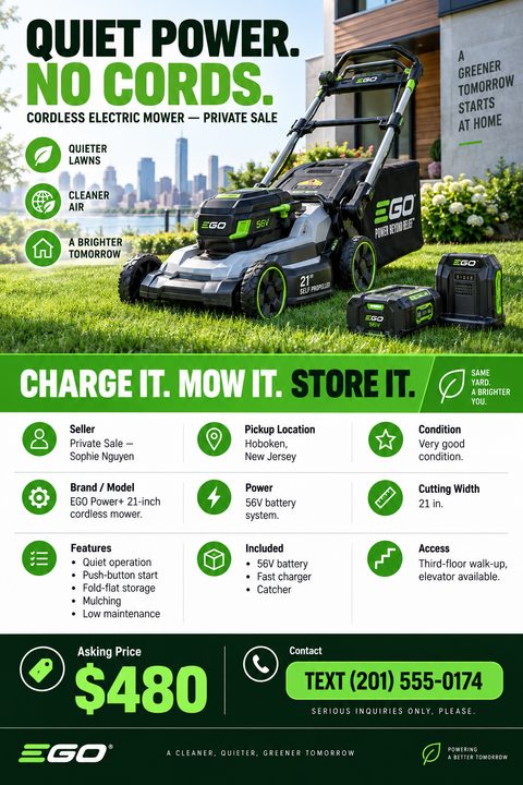 A private sale flyer for a cordless lawnmower. The top half features a large photo of the mower on a lawn. The bottom half lists specifications, price, and contact info in a clean grid.