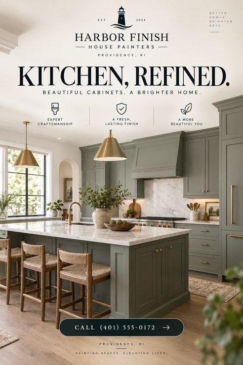Elegant flyer for house painters featuring a large photo of a modern kitchen with sage green cabinets and gold hardware. Includes a lighthouse logo, refined typography, service icons, and a call-to-action button.