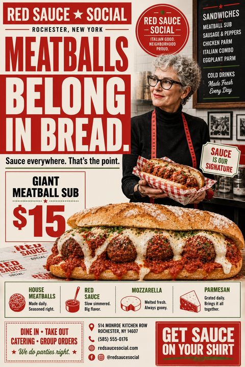 Flyer for a sandwich shop featuring a large photo of a meatball sub covered in melted cheese and red sauce. A woman in an apron holds a smaller sub in the background. Bold red text reads 'Meatballs Belong In Bread.'