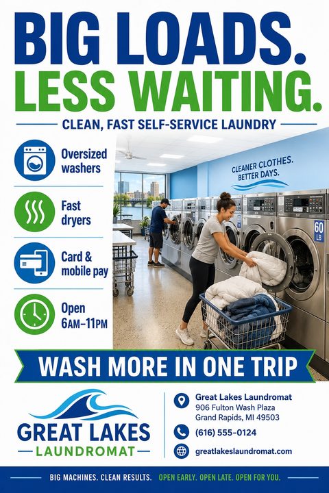 Flyer for Great Lakes Laundromat with the headline 'Big Loads. Less Waiting. Clean, Fast Self-Service Laundry'. Features icons for oversized washers, fast dryers, card & mobile pay, and open hours. Includes a photo of people using large washing.