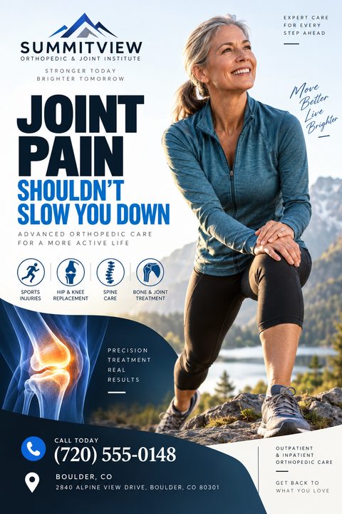 Flyer for Summitview Orthopedic & Joint Institute. Headline reads 'Joint Pain Shouldn't Slow You Down'. Shows a smiling older woman stretching outdoors and an x-ray graphic of a knee.