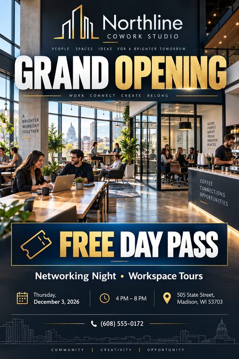 A modern grand opening flyer for a coworking studio featuring a photo of professionals in a bright, open-plan office. The design uses a dark navy background with bold white and gold text.