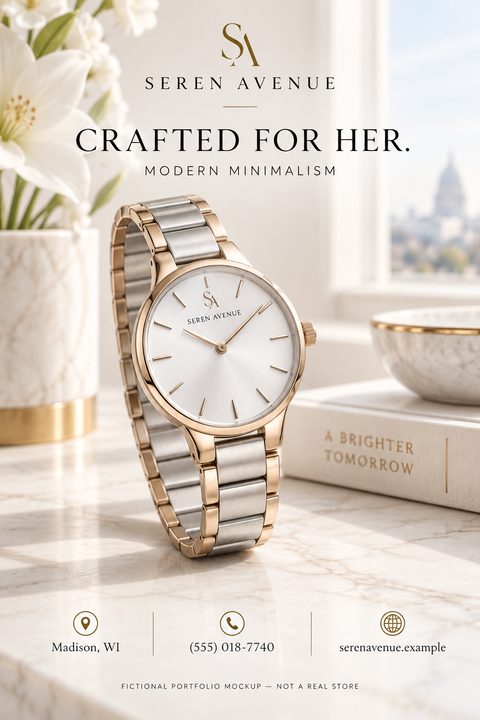 A flyer for a watch brand featuring a close-up photo of a silver and rose gold women's watch resting on a marble surface next to a book and a vase of white flowers. The text reads 'Crafted for Her. Modern Minimalism.'
