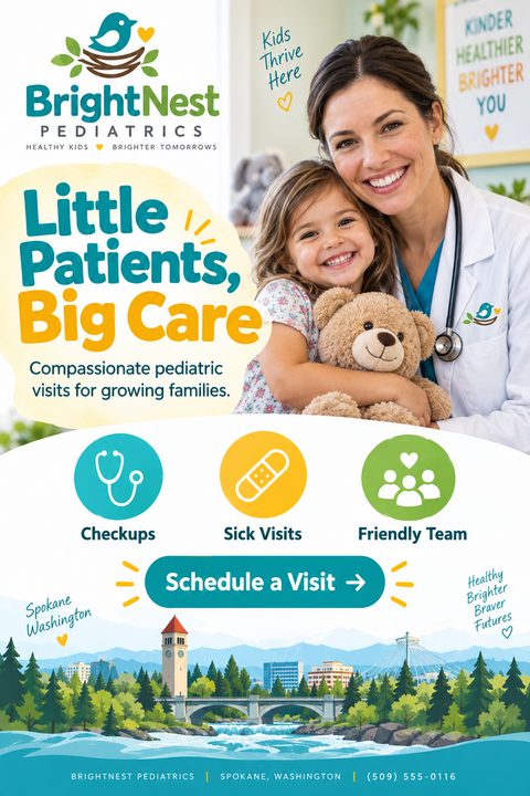 Flyer for BrightNest Pediatrics featuring a smiling female doctor hugging a young girl holding a teddy bear. Text reads 'Little Patients, Big Care'. Icons for Checkups, Sick Visits, and Friendly Team.