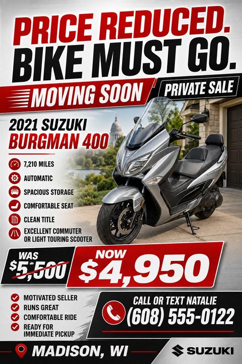 Flyer for a private motorcycle sale. Large text reads 'PRICE REDUCED. BIKE MUST GO.' and 'MOVING SOON'. Features a photo of a silver scooter, a list of specs, a crossed-out old price, a new lower price, and contact info.