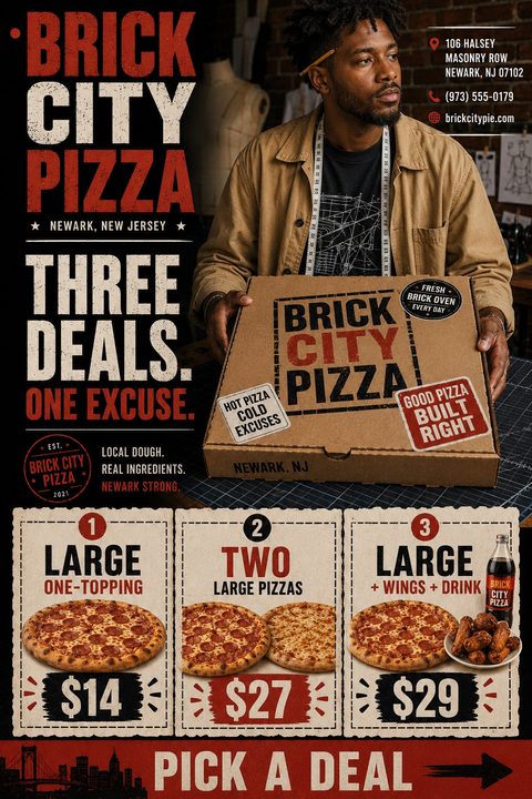 A rustic pizza flyer featuring a man holding a branded pizza box at the top, with three distinct pizza combo deals and prices displayed in vintage-style ticket boxes below.