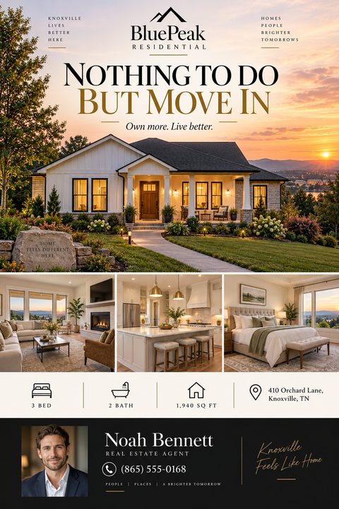 Real estate flyer template with a large photo of a house at sunset, three smaller interior photos, property details, and a real estate agent's headshot and contact information.