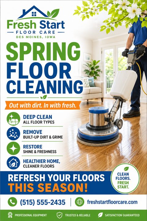 A flyer for spring floor cleaning services featuring a professional using a floor buffer on a shiny hardwood floor. The design uses green, blue, and orange text with bullet points listing services like deep clean and dirt removal.