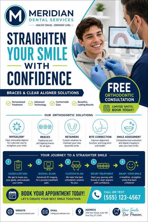 A flyer for Meridian Dental Services promoting 'Straighten Your Smile With Confidence'. It features a photo of a smiling young man receiving clear aligners from a dentist, along with icons detailing orthodontic solutions and a step-by-step treatment.