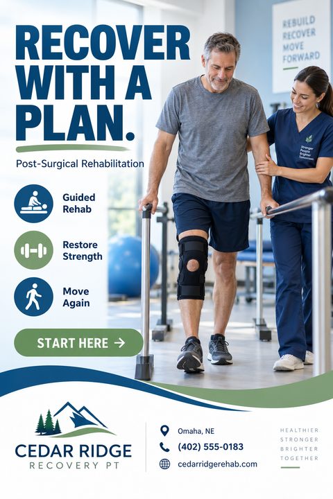 Physical therapy flyer template with the headline 'Recover With A Plan. Post-Surgical Rehabilitation'. Shows a physical therapist assisting a man walking on parallel bars. Includes icons for Guided Rehab, Restore Strength, and Move Again, plus.