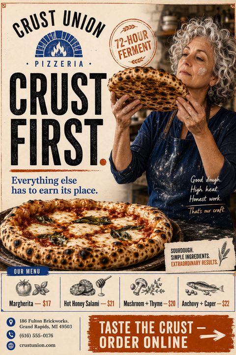 Rustic flyer for a pizzeria. Top half shows a woman inspecting a pizza crust above a large, wood-fired margherita pizza. Text reads 'Crust First. Everything else has to earn its place.' Bottom half features a menu with hand-drawn illustrations of.